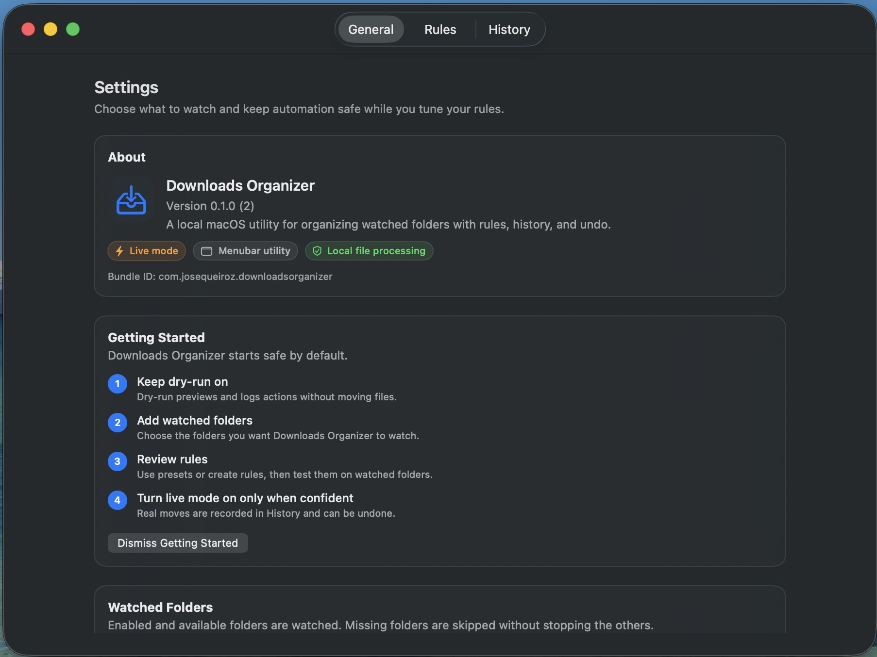 Downloads Organizer general settings